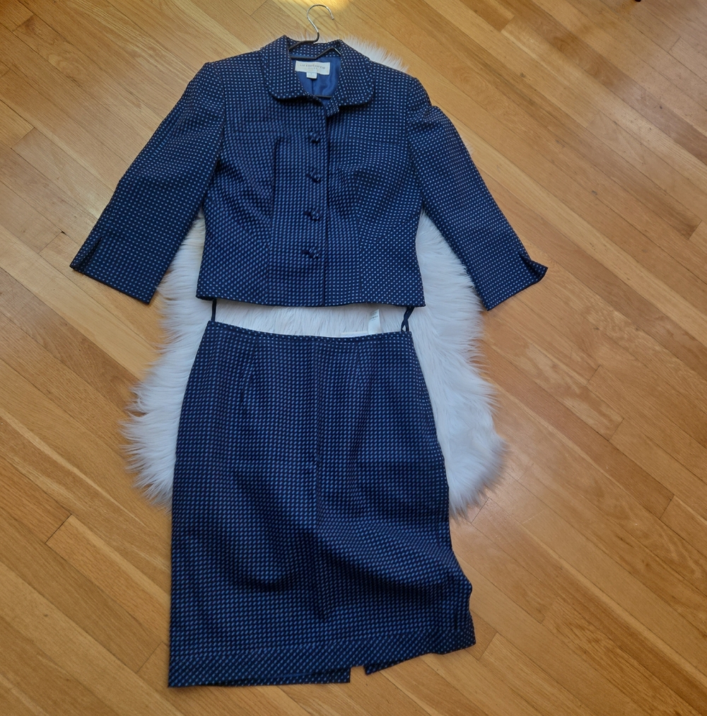 Liz Claiborne Navy and White Polka Dot Skirt Suit